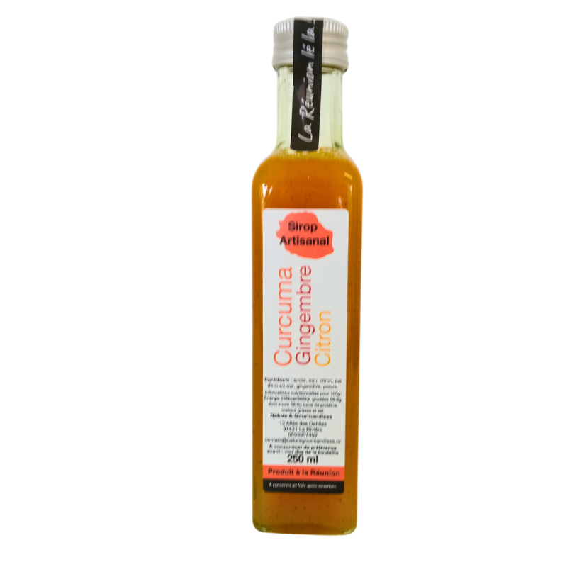 Sirop Curcuma Gingembre Citron – Nature & Gourmandises  Sirop artisanal Réunion 250 ml – Épicerie fine La Réunion