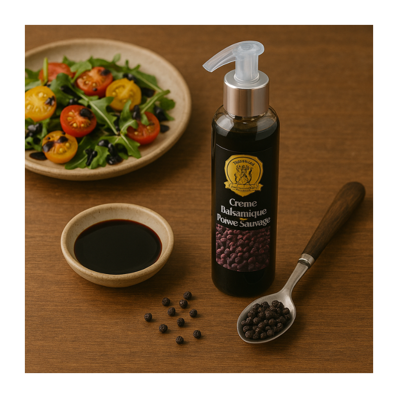 La Crème Balsamique au Poivre de la Maison du Curcuma né de la collaboration entre la maître Vinaigrier CHAIX et Mémé Rivière