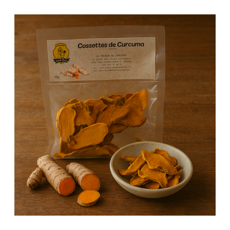 Les cossettes de Curcuma en sachet.